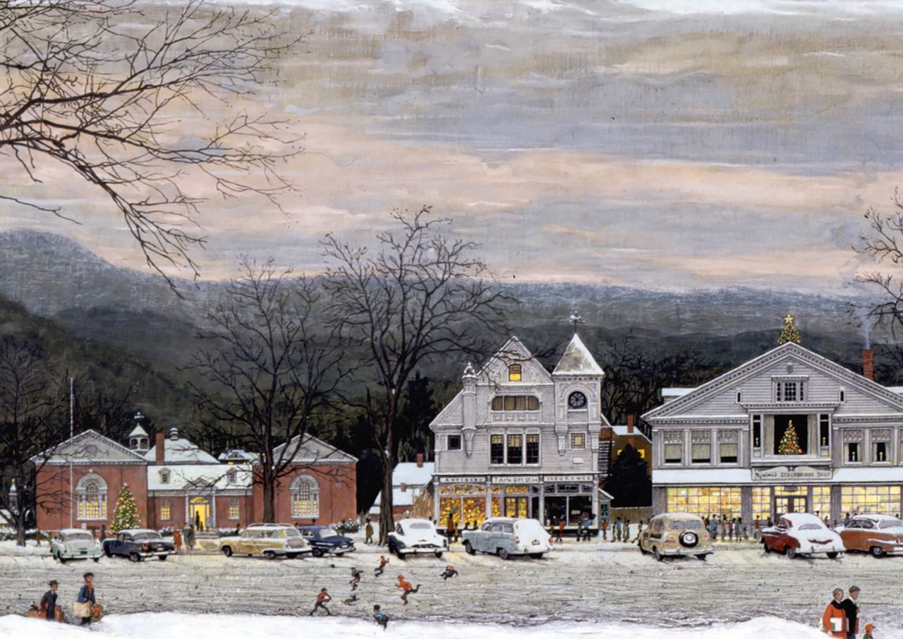 A detail of "Stockbridge Mainstreet at Christmas (Home for Christmas)" by Norman Rockwell. The center building is currently up for auction.