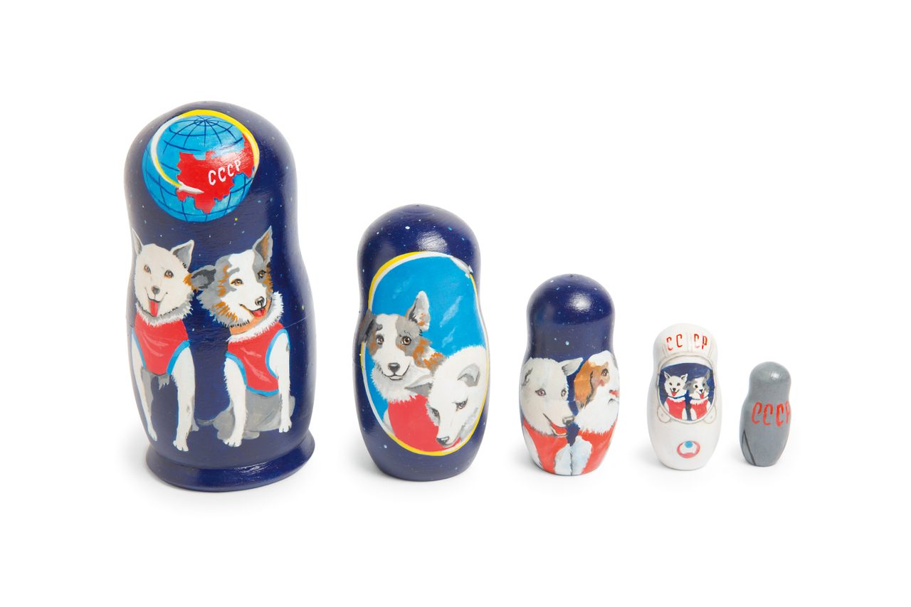 Space dogs inspired a set of wooden nesting dolls, known as <em>matryoshka</em>. The largest here is six inches tall.