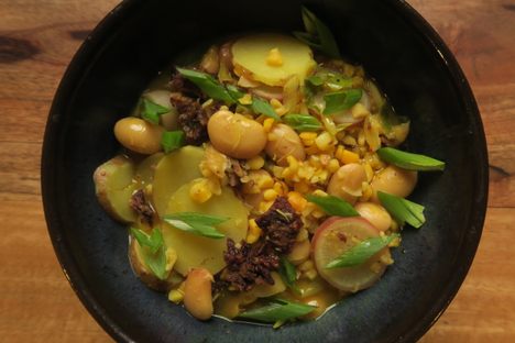 The sherpa winter stew at Raithaane has dried, cooked unripe maize (phalgi makai), beans, and vegetables.