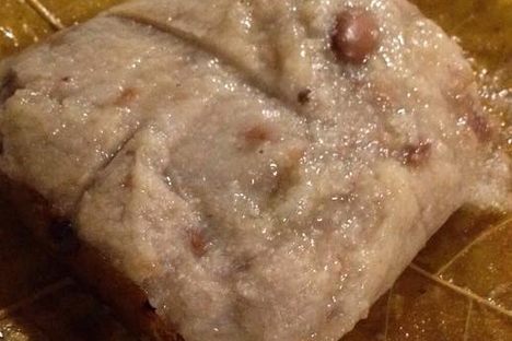 The dumpling gets boiled inside a hickory leaf. 