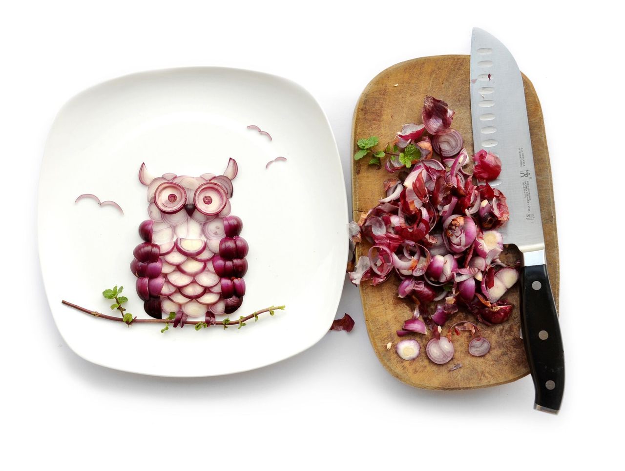 Creating this "Owlnion" from shallots and mint leaves brought the artist to tears—the result of chopping raw onion.