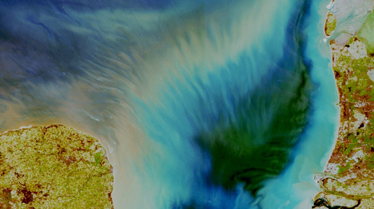 In February 2022, Storm Eunice and other unusually strong weather systems battered northwestern Europe, creating a ripply pattern of sediment deposits between the English and Dutch coasts, visible in this false-color satellite image.