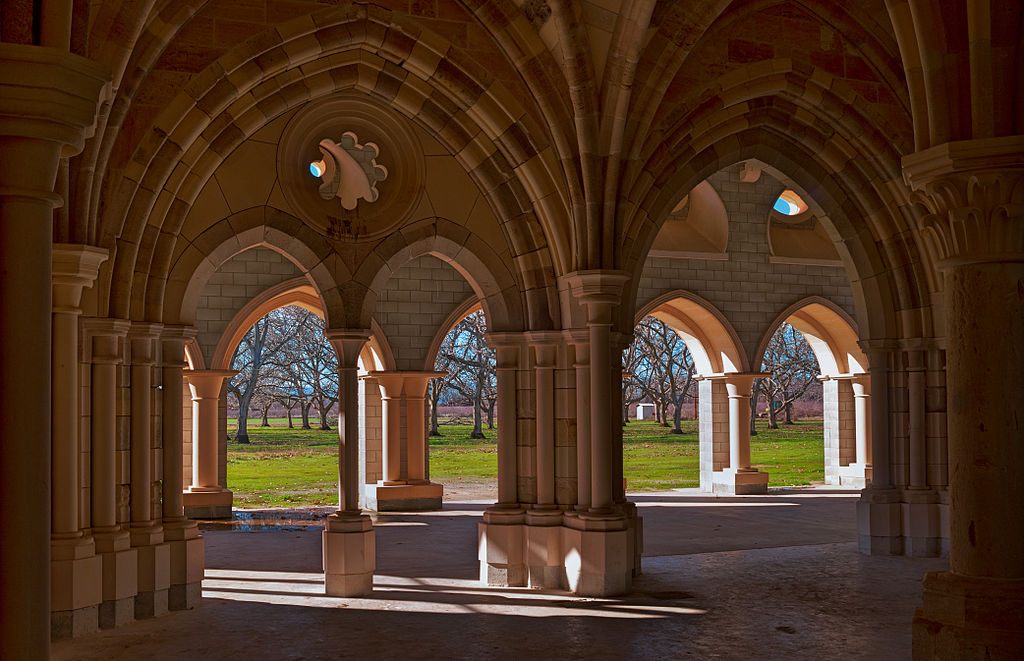 View from within the 800-year-old chapter house brought from Santa Maria de Ovila in Spain, now at the Abbey of New Clairvaux in Vina CA