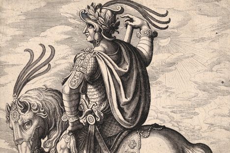 A 17th-century Swiss etching of Emperor Tiberius on horseback, by Matthäus Merian the Elder. 