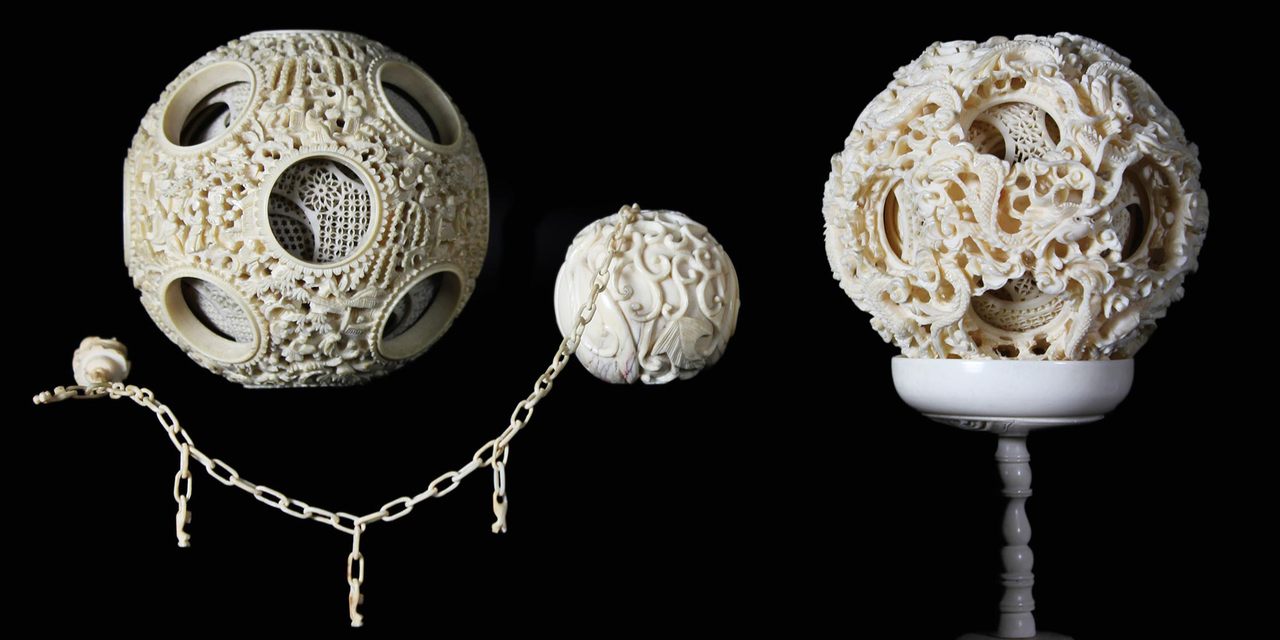 Puzzle Balls, ivory, 1.75 to 4 inches diameter, late 19th century, China.