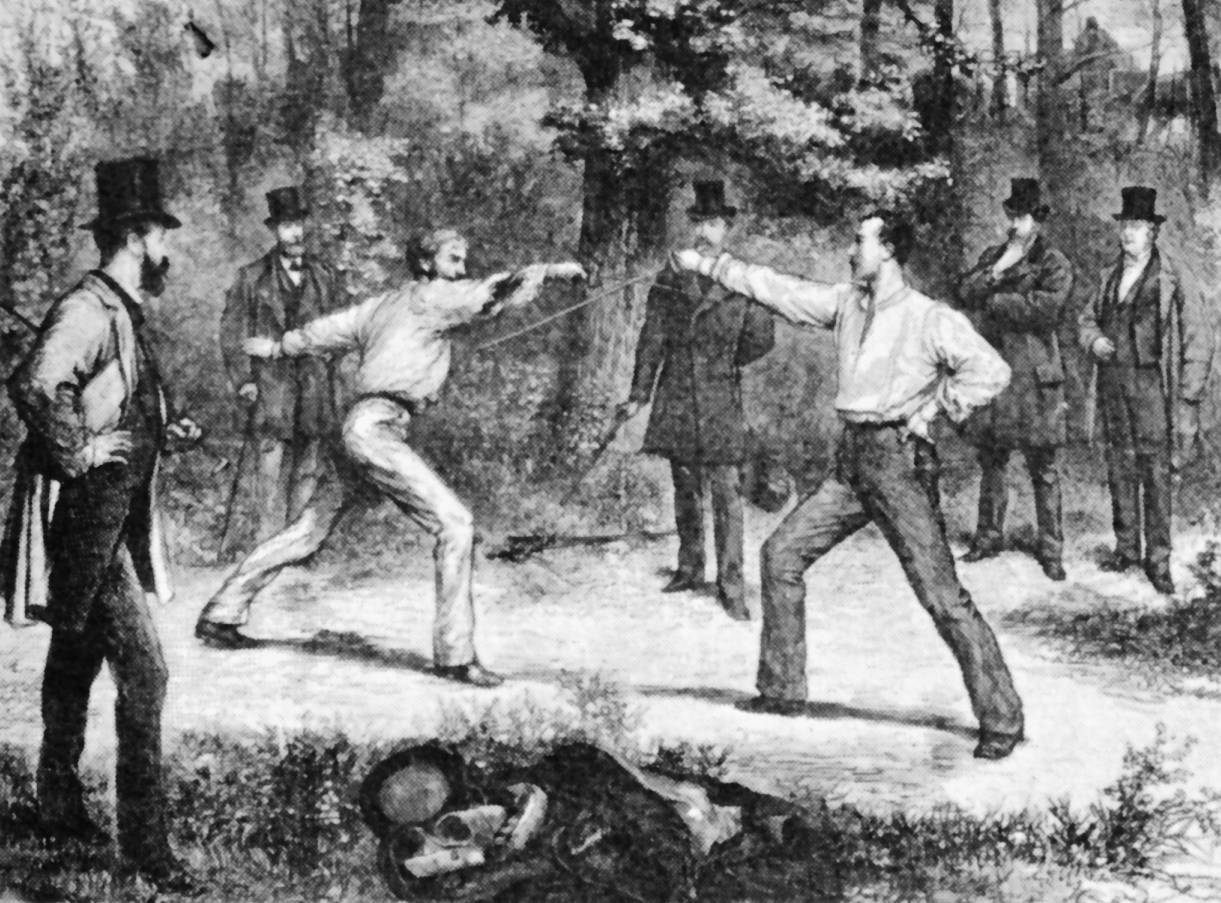 Fencers dueling near Paris in 1874. The French were instrumental in popularizing duels in America.