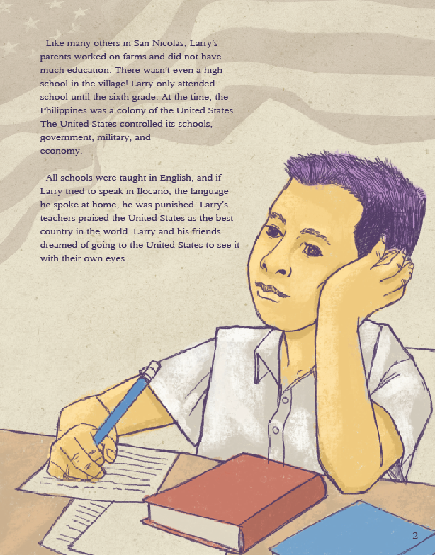 An illustration from the book shows a young Larry Itliong growing up in the Philippines, when it was colonized by the United States.