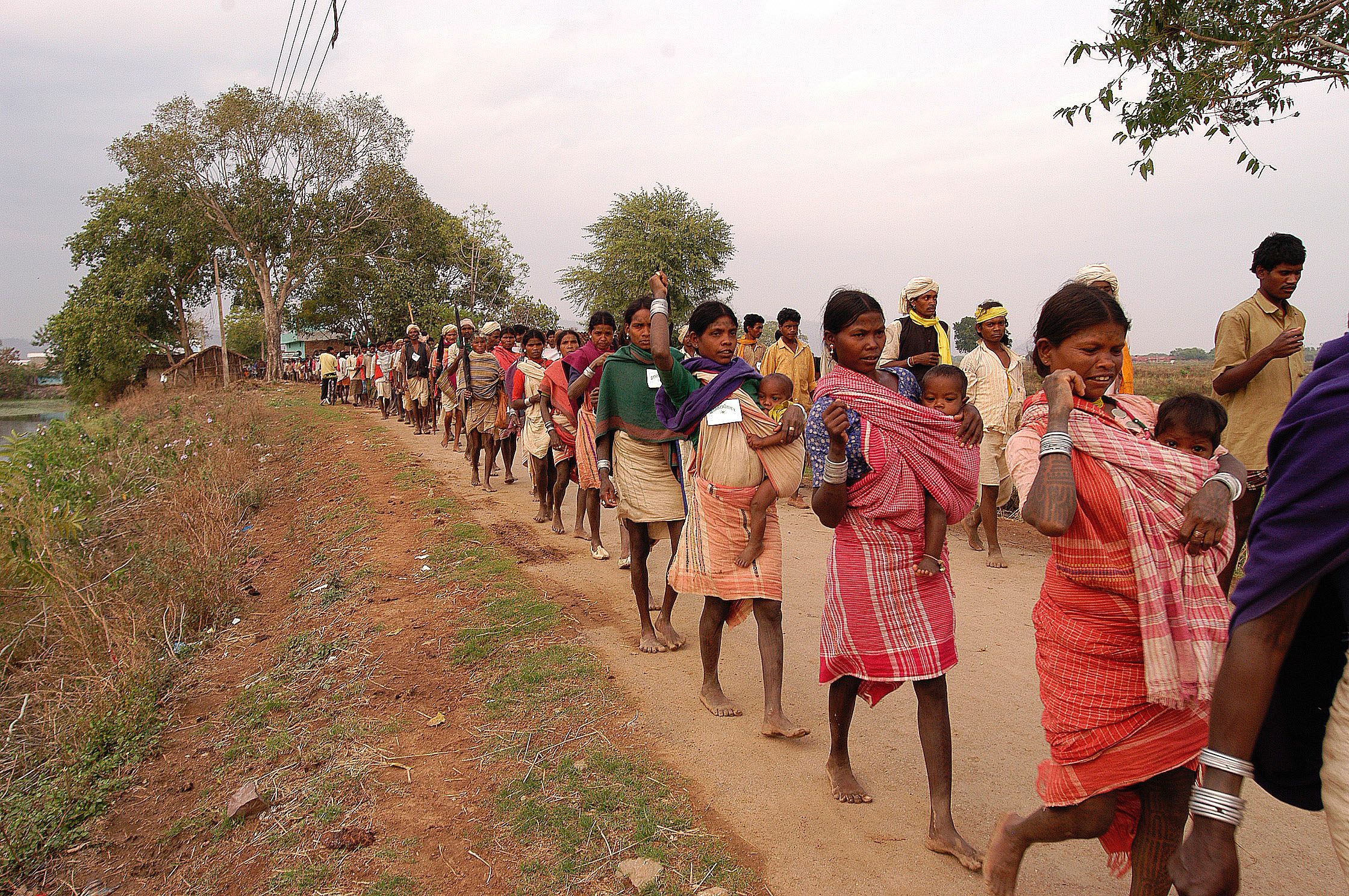 For decades, Adivasi people have fought for the preservation of their traditional land rights, as in this 2003 protest by the Baiga tribe of Central India.