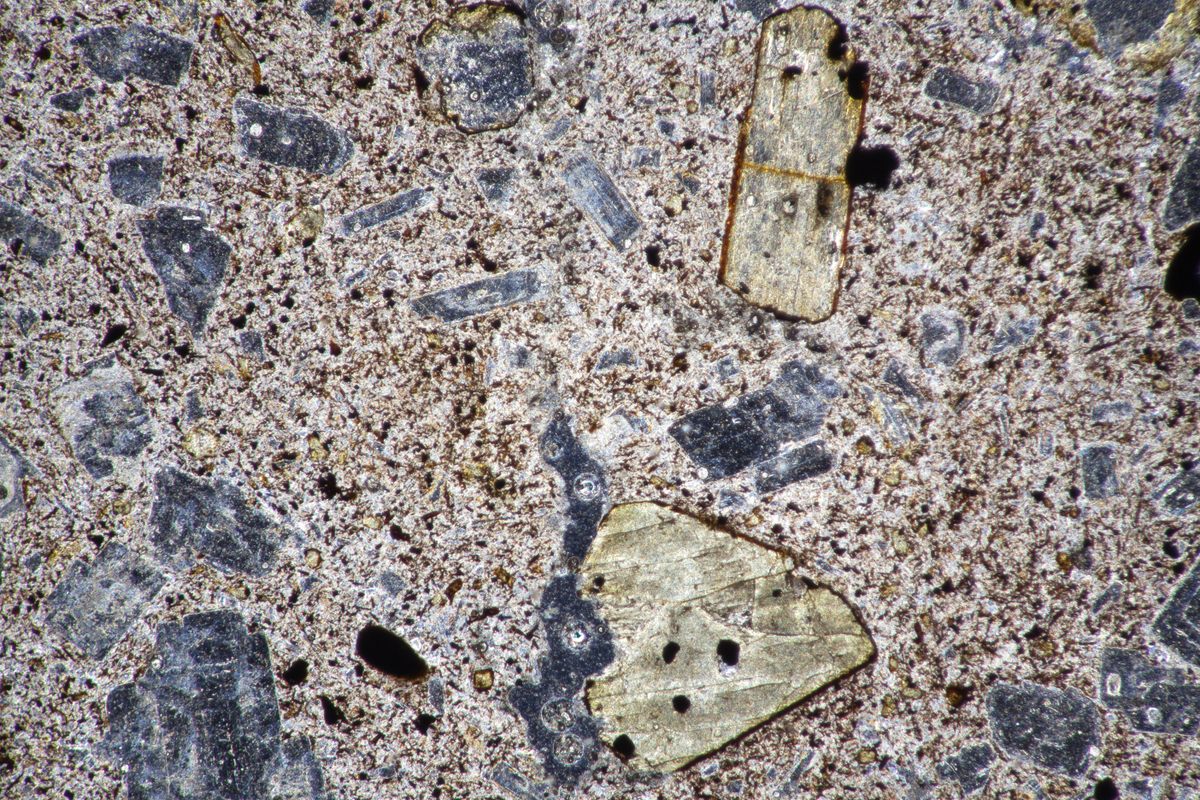 Andesite from Montserrat's Soufrière Hills volcano, shown here in a photomicrograph.