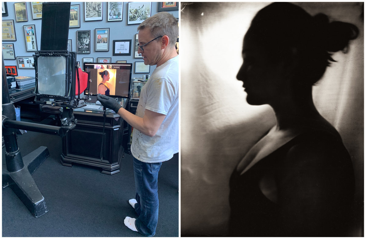 Shane Balkowitsch takes a long-exposure wet-plate photograph over Zoom (left); the finished photo of Morgan Ashley Barbour (right).