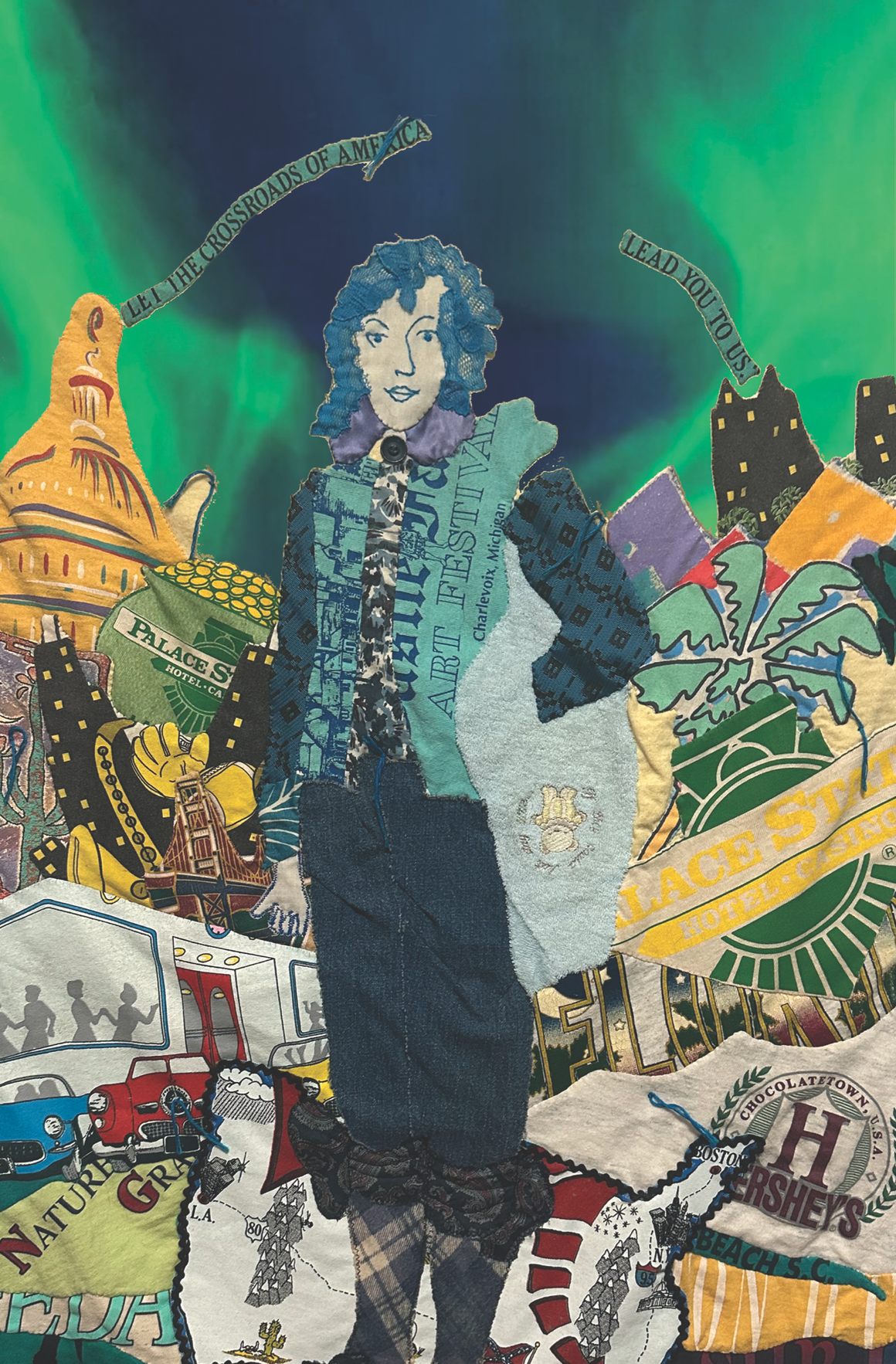 "A Green Glow on the Horizon" original art. Tourist attraction t-shirt quilt by Tammy Gordon, with photoshopped Green Glow by Mary Catherine Harper