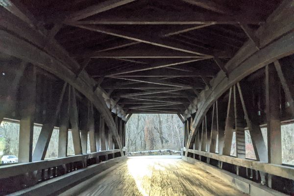 Inside the bridge with Burr trusses visible.