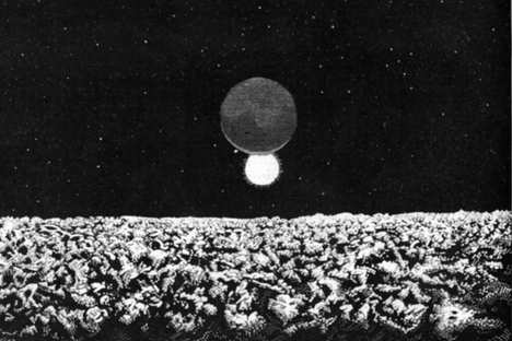 An illustration of "Scene #6: Solar Eclipse as Seen from the Moon," from "A Trip to the Moon."