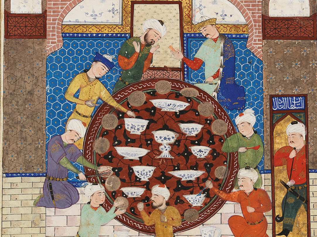 A 15th-century Iranian manuscript of the <em>Shahnama</em> ("The Book of Kings)" depicts a lavish banquet.