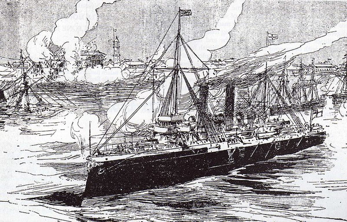An illustration of the British cruiser HMS <em>St. George</em> making short work of Zanzibar.