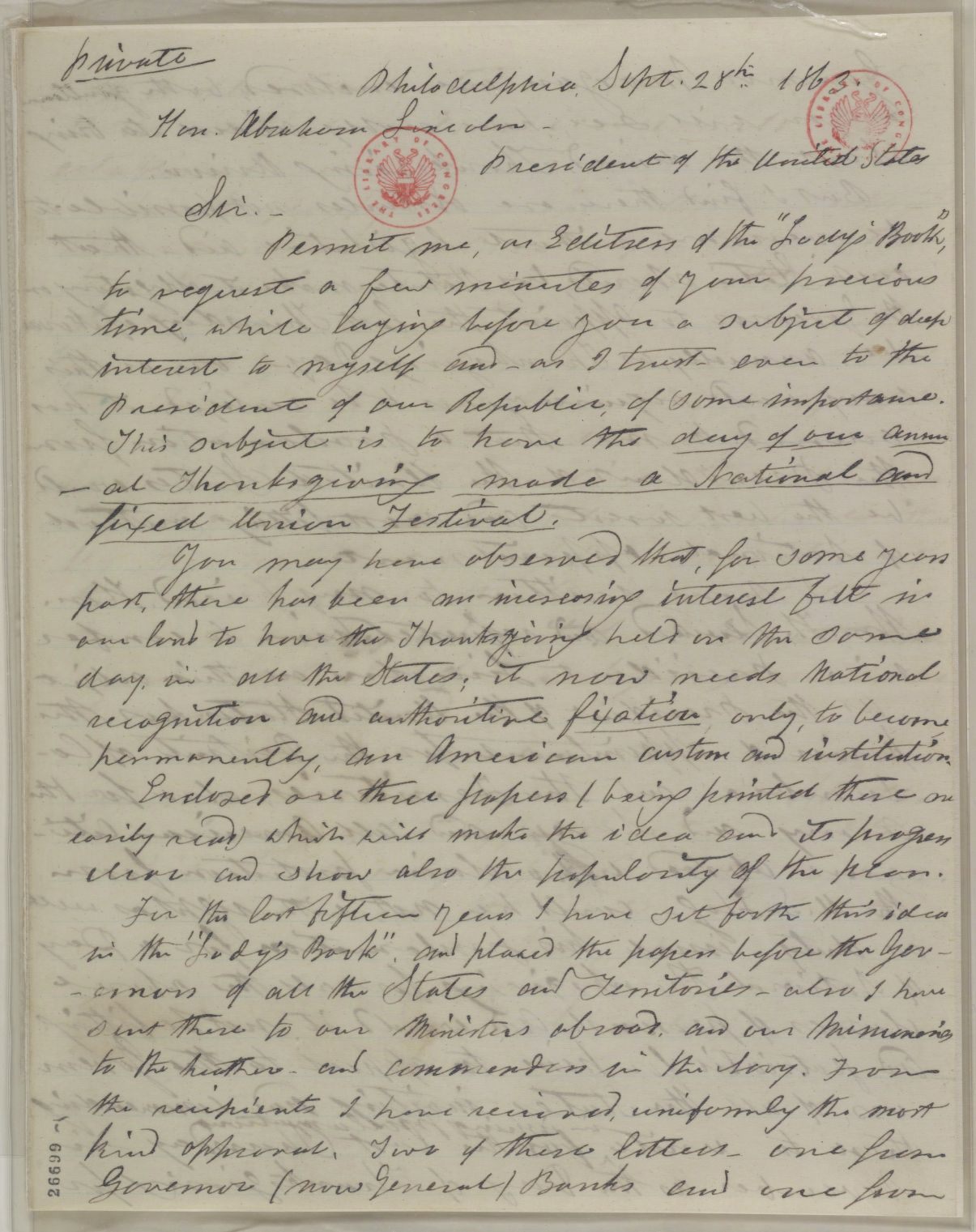 Hale's letter to President Lincoln, stating that Thanksgiving needs national recognition to become "a national custom and institution."