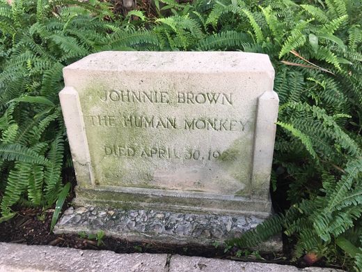 A headstone that reads Johnnie Brown, The Human Monkey, Died April 30, 1927