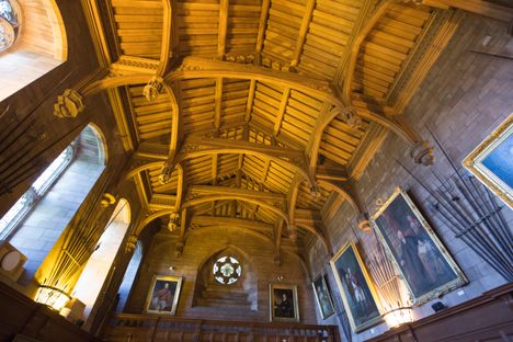 The vaulted wooden ceiling.