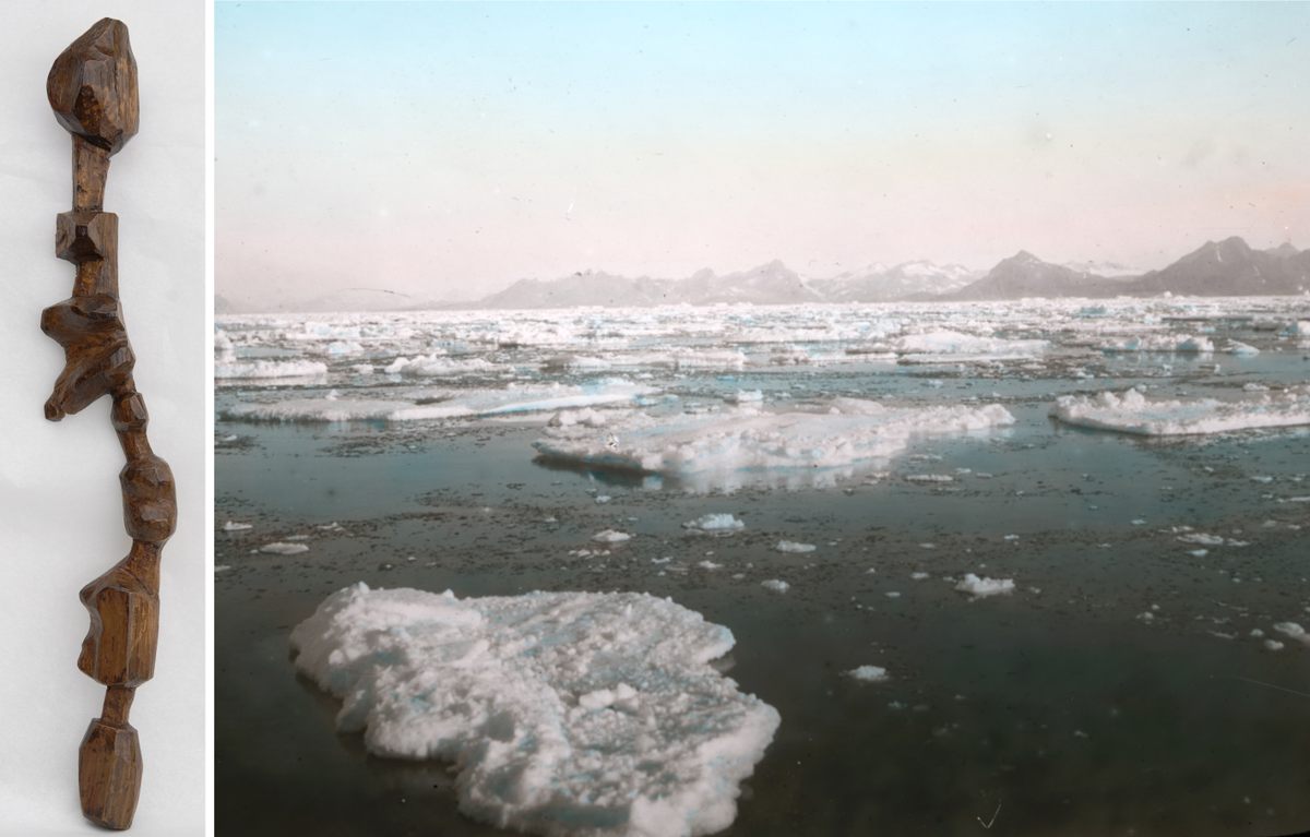 Left: a wooden map of islands off the East Greenland coast, c. 1885; Right: ice field, Ammassalik, East Greenland, 1908, by Th. N. Krabbe.