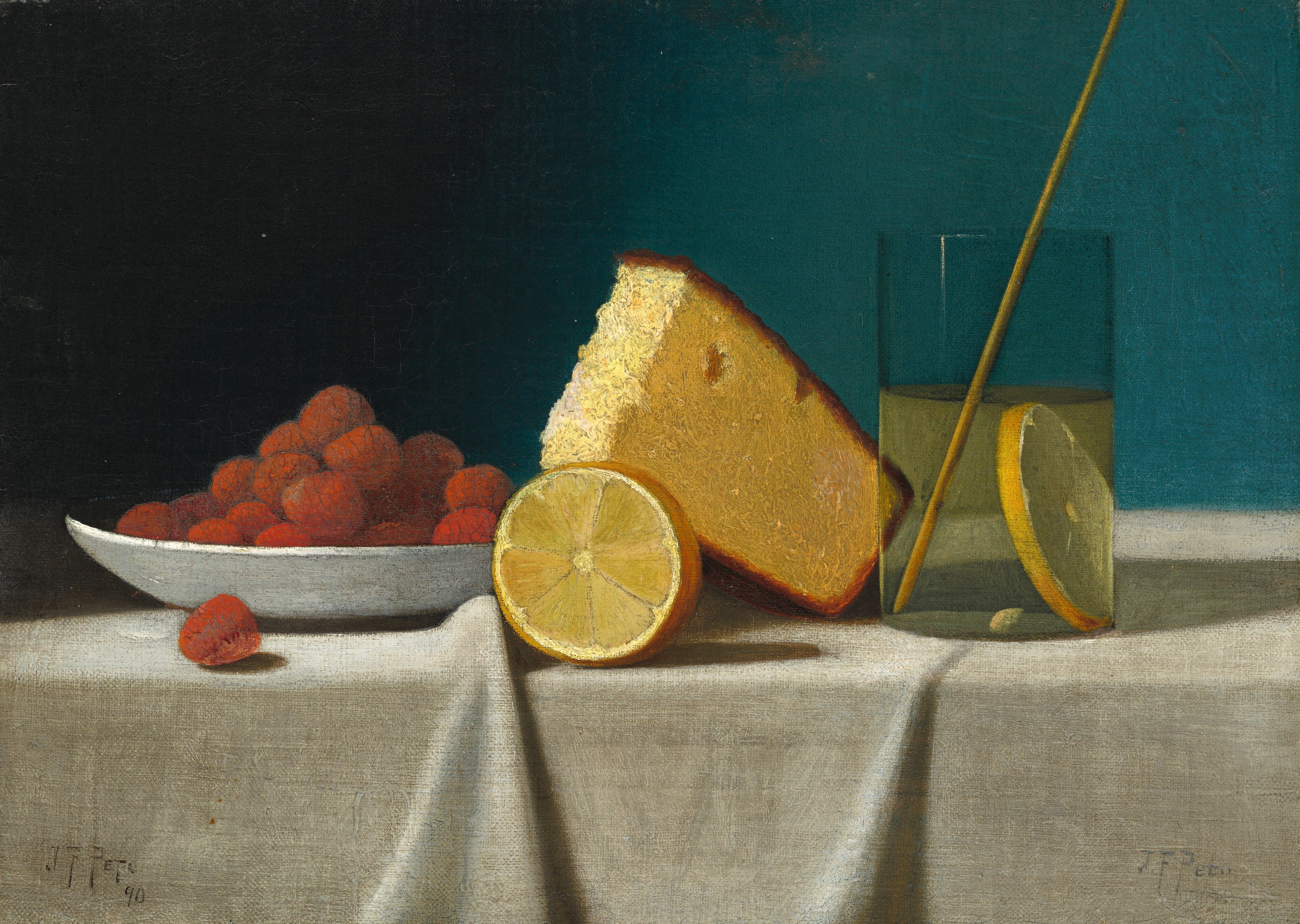  <em>Still Life with Cake, Lemon, Strawberries, and Glass</em> by John Frederick Peto, 1890.