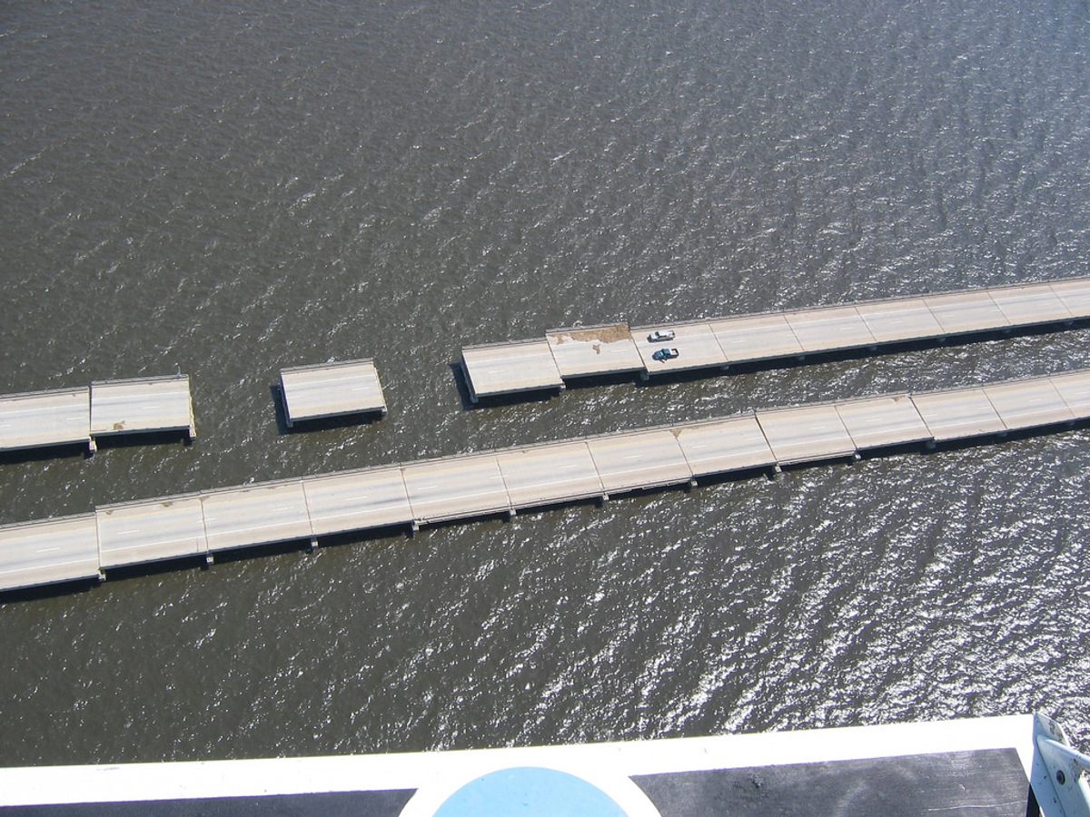 Breaks in I-10 bridges outside of New Orleans caused by Hurricane Katrina, September 11, 2005.