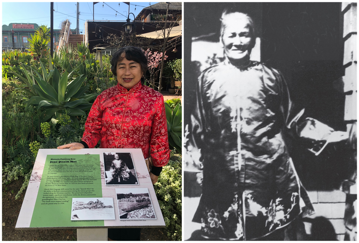 Gerry Low-Sabado in front of a historical sign in Cannery Row (left); the photo of her great-grandmother, Quock Mui, that launched her historical research (right).