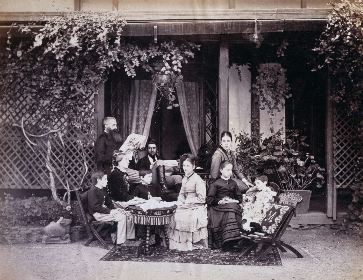 An English family has morning tea in Simla, India.