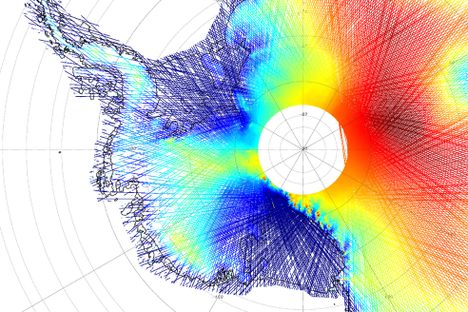 Data from NASA’s Ice, Cloud, and land Elevation Satellite, or ICESat, show elevation across Antarctica. The low elevations on the left side show how the Weddell and Ross Seas were one connected. 