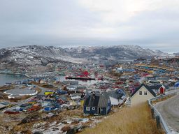 Qaqortoq, Greenland. The town's helipad can be seen on the far left.