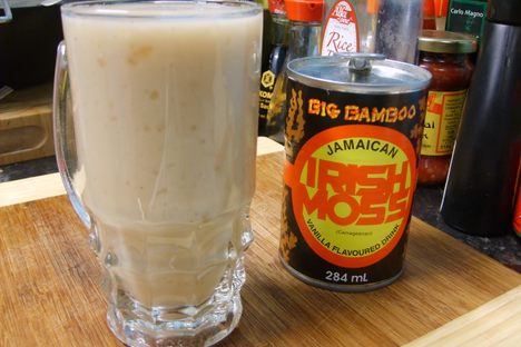 A glass of "Big Bamboo" brand Jamaican Irish moss.