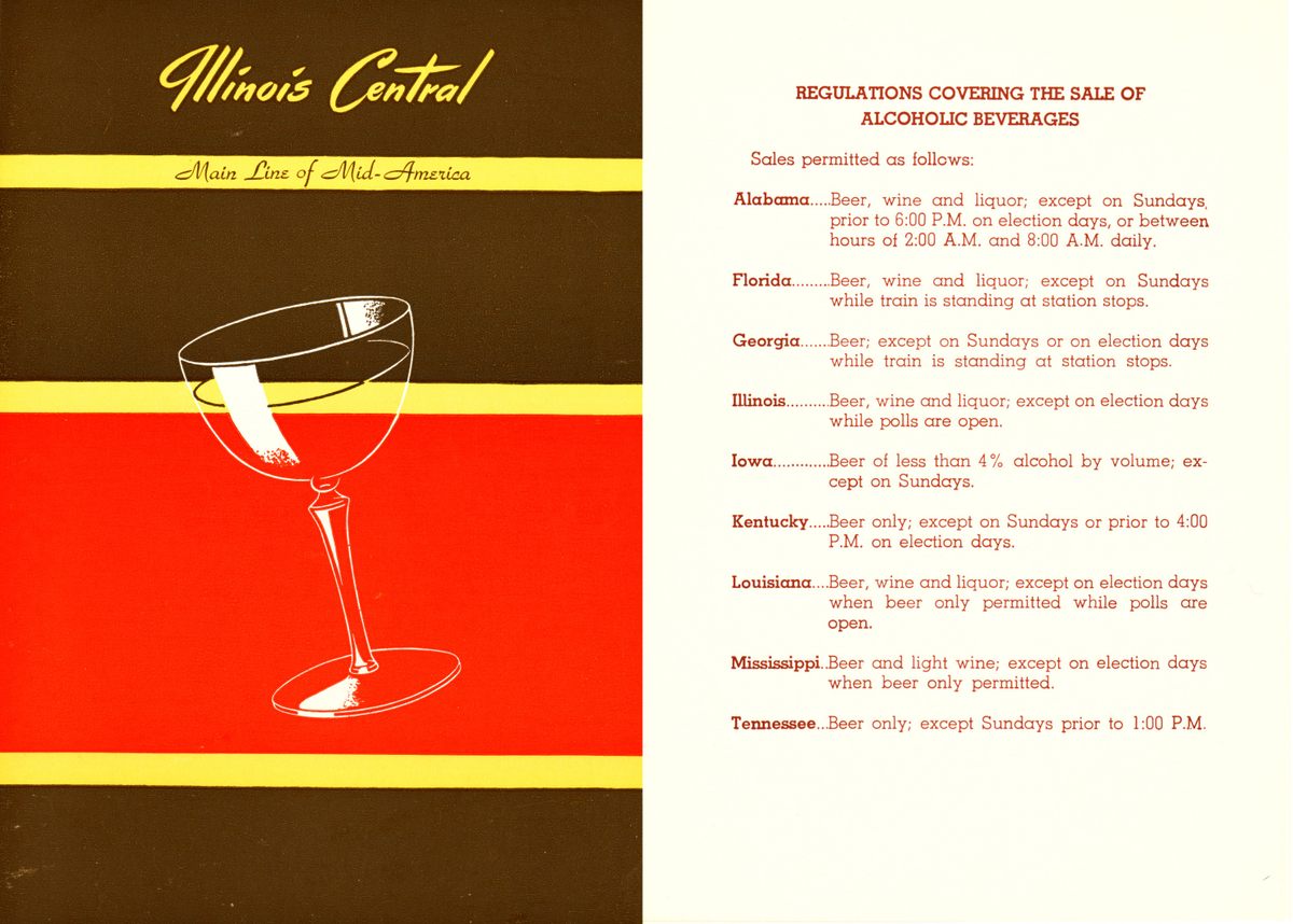This Illinois Central Railroad Company menu from 1962 shows the liquor laws in the states along the route.