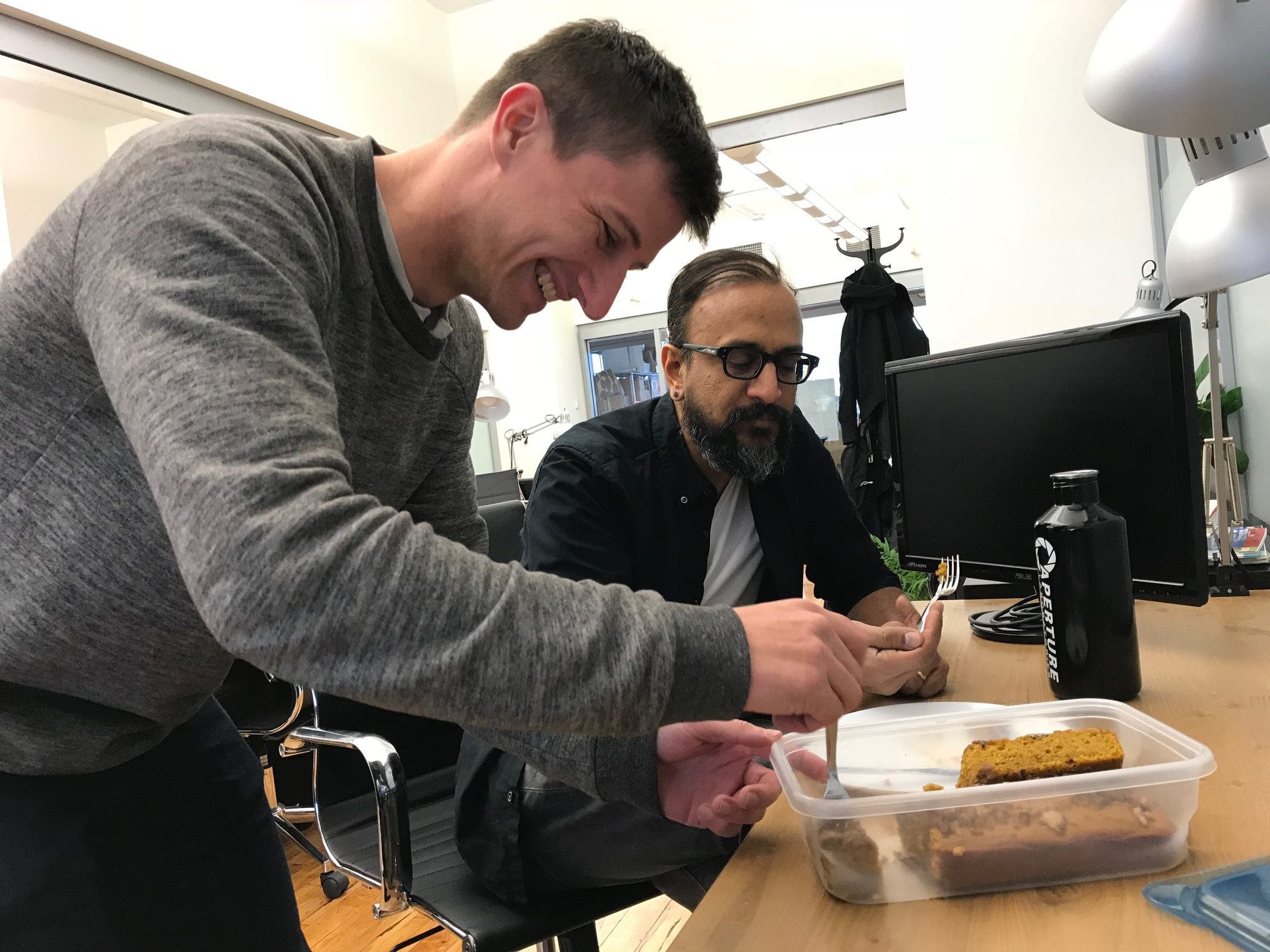 Brave tasters get ready to try some pumpkin bread with garlic streusel. 