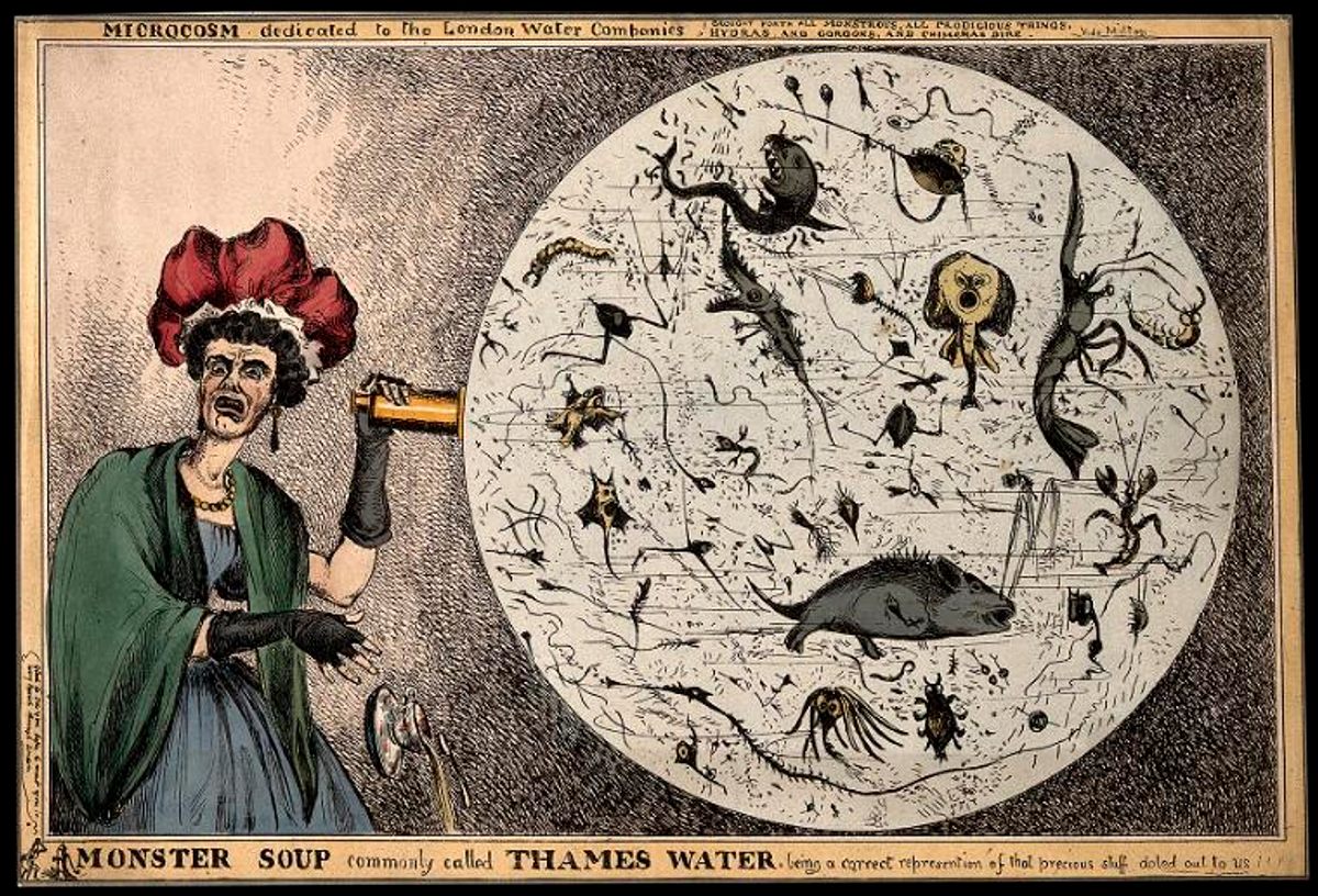 This satirical image, made by W. Heath in 1828, depicts the Thames as "Monster Soup."