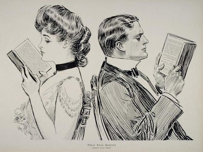 In "Their First Quarrel," by Charles Dana Gibson, reading alone is a sign of rough times.