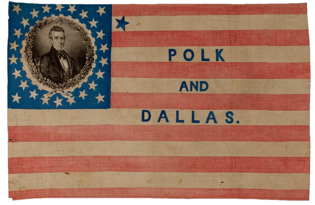 A 27-Star James K. Polk campaign flag, 1844. "This large campaign flag includes an extra blue star on the upper white stripe to promote the immediate annexation of Texas as a state and westward expansion."