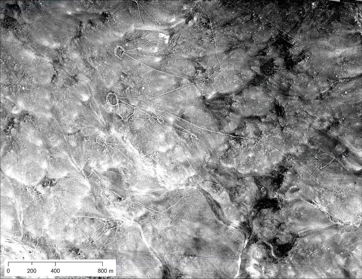 U-2 spy plane photography shows ancient sites such as “desert kites,” mass-kill traps used for hunting gazelle (eastern Jordan, January 1960).