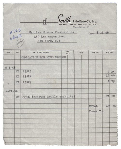 An invoice for four medical prescriptions from Smith Pharmacy, dated June 21, 1956, addressed to Marilyn Monroe Productions, and annotated “MM”—likely Marilyn’s own handwritten initials, approving payment for this expense.