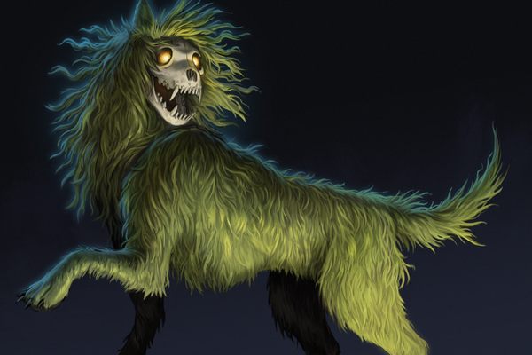 The Cù Sith, an otherworldly hound of Scottish folklore, and its Irish counterpart the Cù Sidhe are sometimes described as green, the color associated with magic—and misfortune.