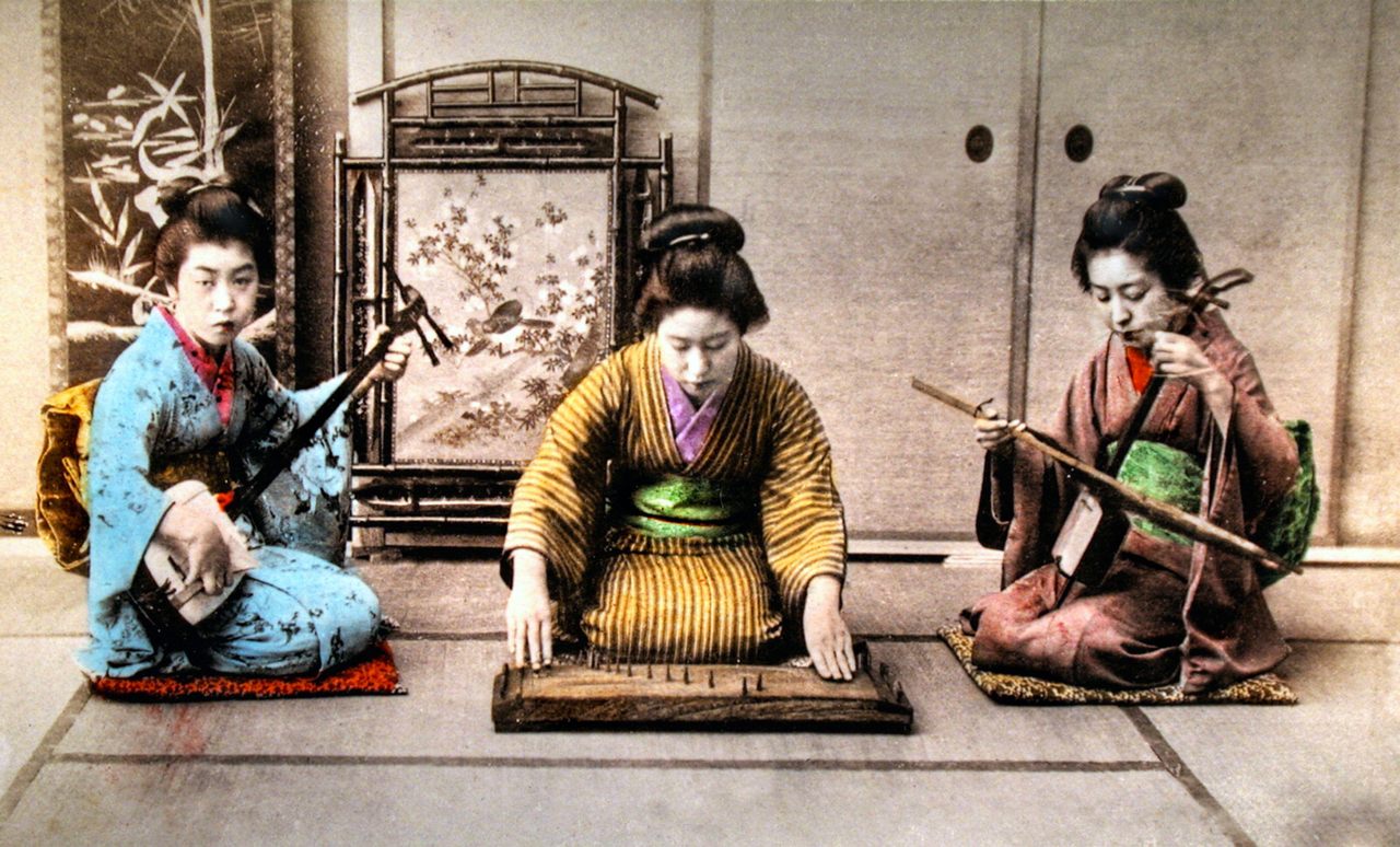 Musicians perform sankyoku, traditional Japanese chamber music, in an undated photograph.