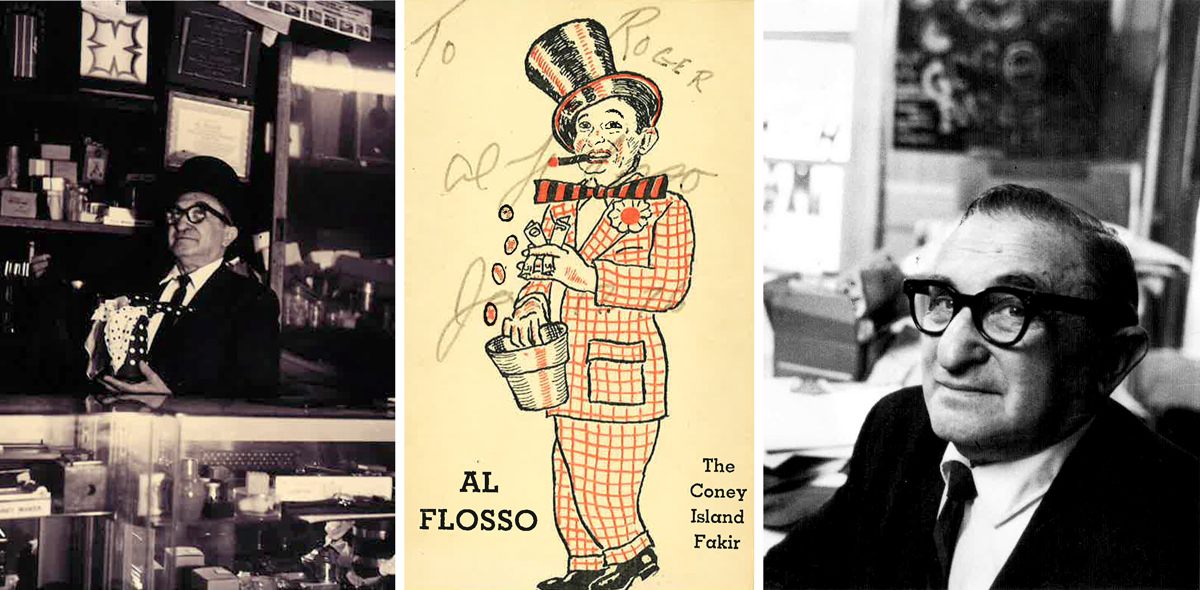 From left: Al Flosso in his magic shop; an early promotional card for Flosso in his trademark tophat and cigar; Flosso later in his career.