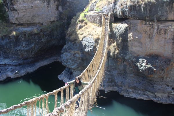 The bridge spans 118 feet and the first few steps across it are on a 30-degree angle.
