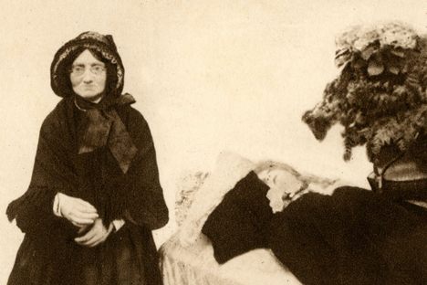 A waxwork of Madame Tussaud herself, with Sleeping Beauty, c. 1850.