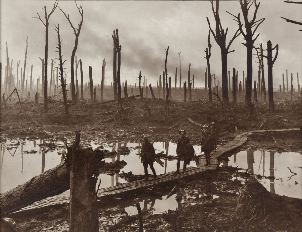 Australian soldiers passing through Chateau Wood near Ypres, 29 October 1917. The picture is from Belgium, but the level of devastation was similar in large parts of France.