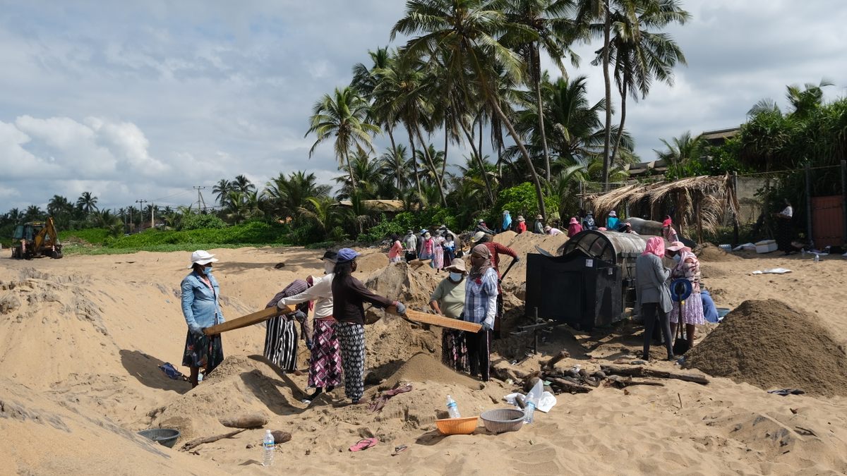 Anne Perera's team works to clean Sarakkuwa beach, using hand sieves and a rotating trommel (at right). 
