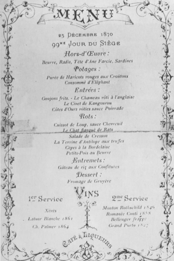 Alexandre Étienne Choron's 1870 Christmas menu, featuring "La Terrine d'Antilope" and "Consomme d'Elephant."