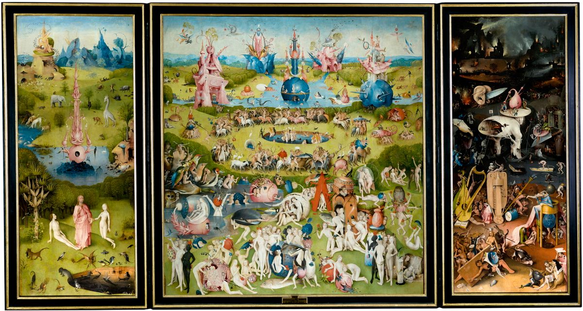 <i>The Garden of Earthly Delights</i>, by Hieronymus Bosch, which Obsopoeus parodied in his text as <i>The Garden of Drunkenness</I>.