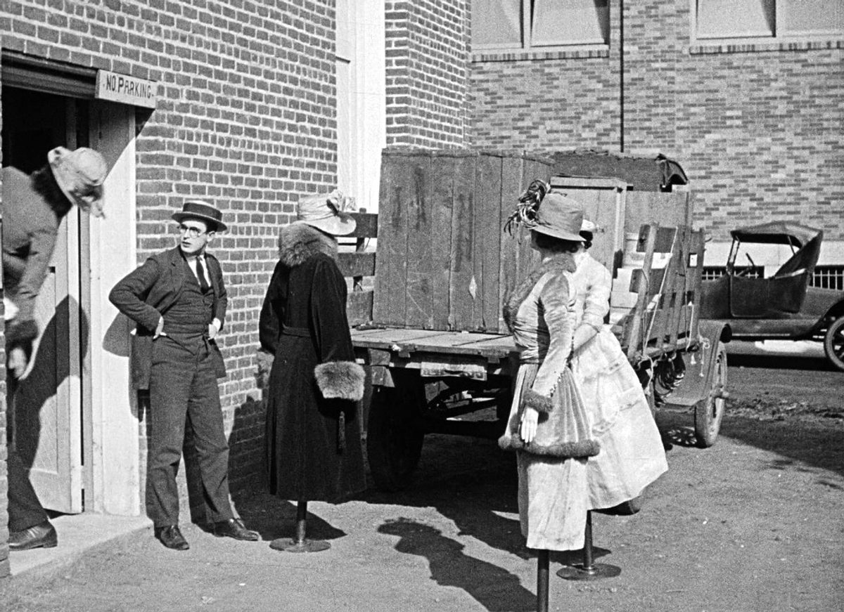The alley also appears in <em>Safety Last!</em>, starring Harold Lloyd.