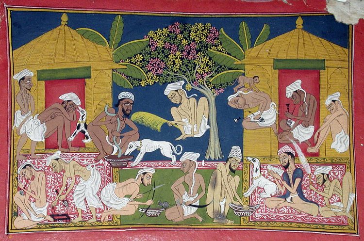 In the 1790 painting <em>Bhang Eaters Before Two Huts</em>, by Pemji, a group of men mix and consume bhang.