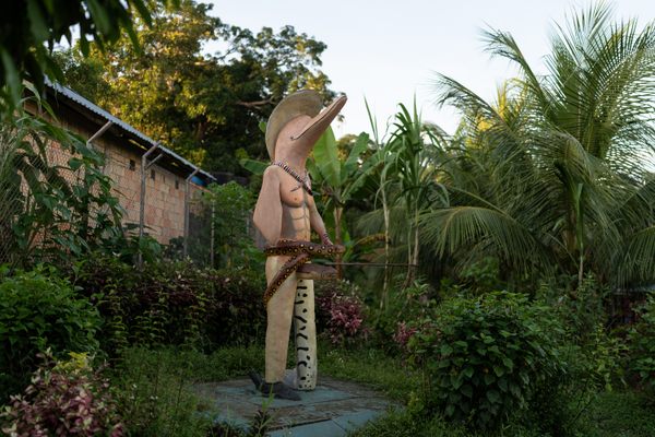 A statue of Omacha, as the pink river dolphin in its humanoid form is called stands at an intersection in Puerto Nariño.