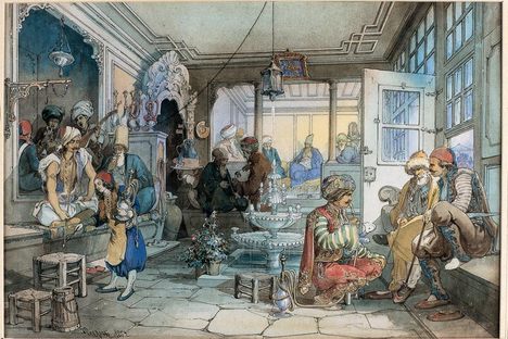 A watercolor of a cafe in Istanbul, painted by Amadeo Preziosi sometime between 1850 and 1882.